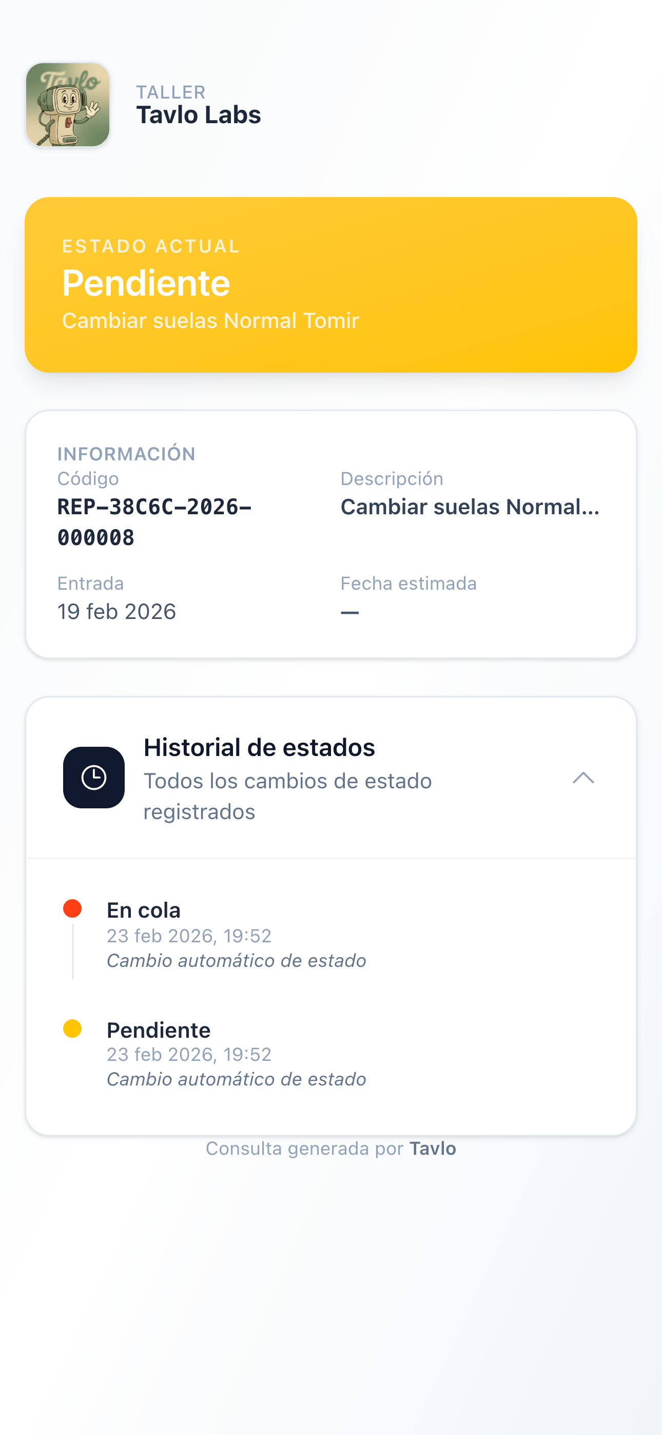Pantalla de seguimiento para el cliente