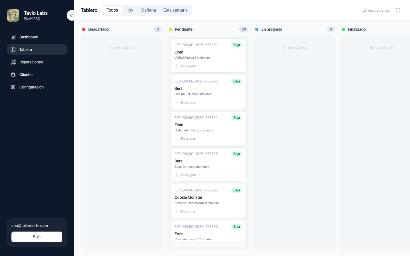 Tablero Kanban con reparaciones organizadas por estado