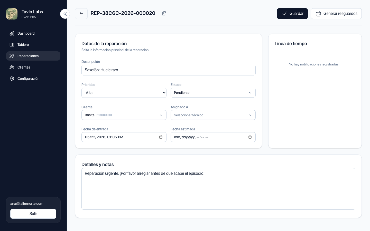 Ficha de reparación con historial y timeline de estados