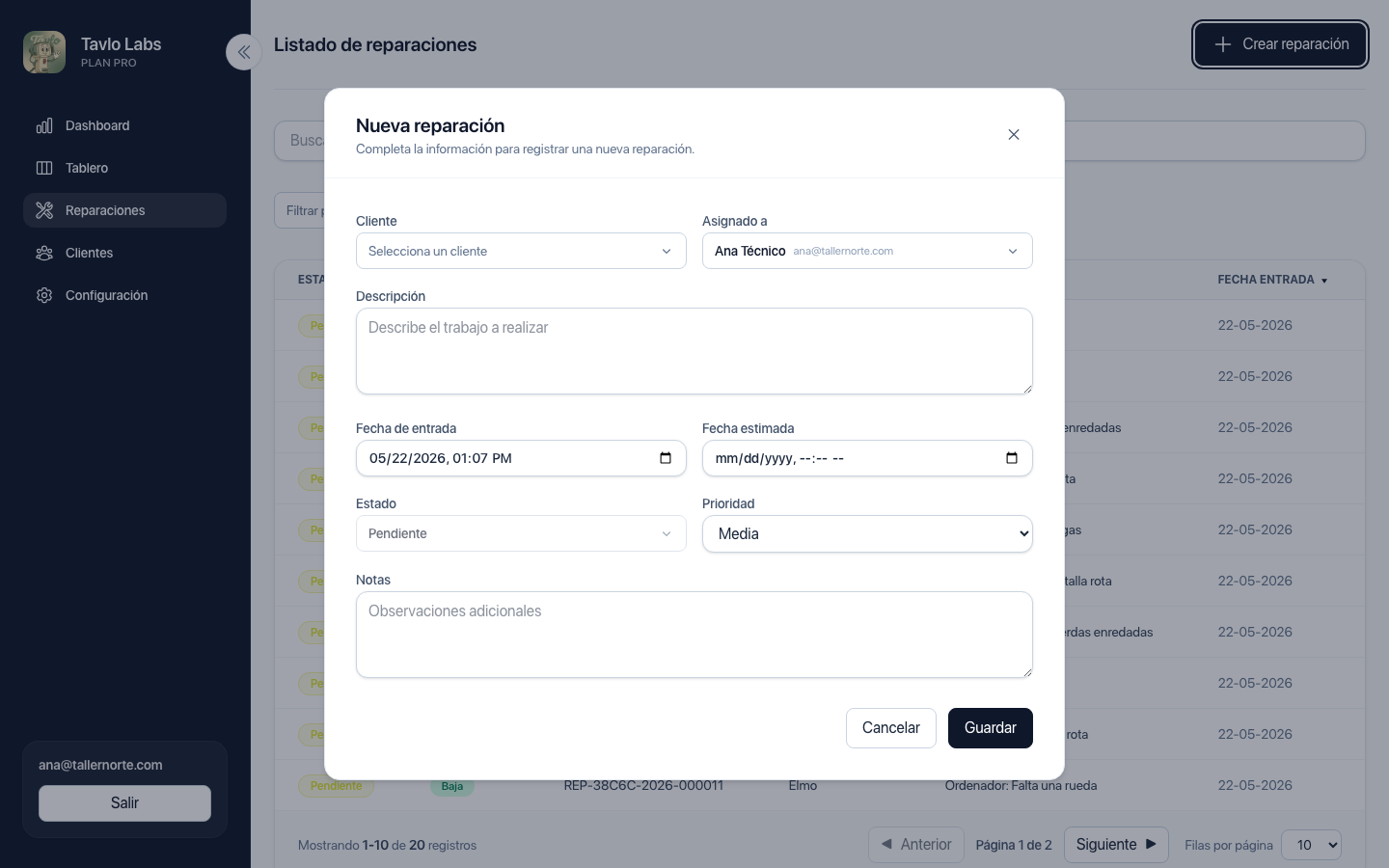 Modal para crear una nueva reparación rápidamente