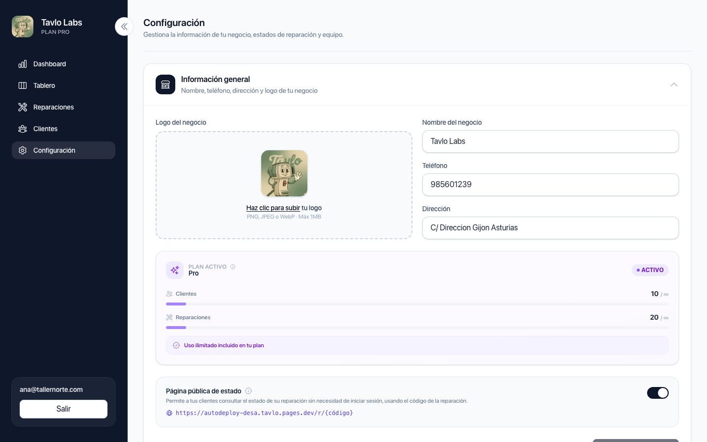 Panel de configuración del taller