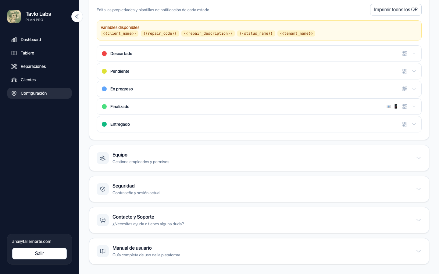 Configuración de estados de reparación personalizables