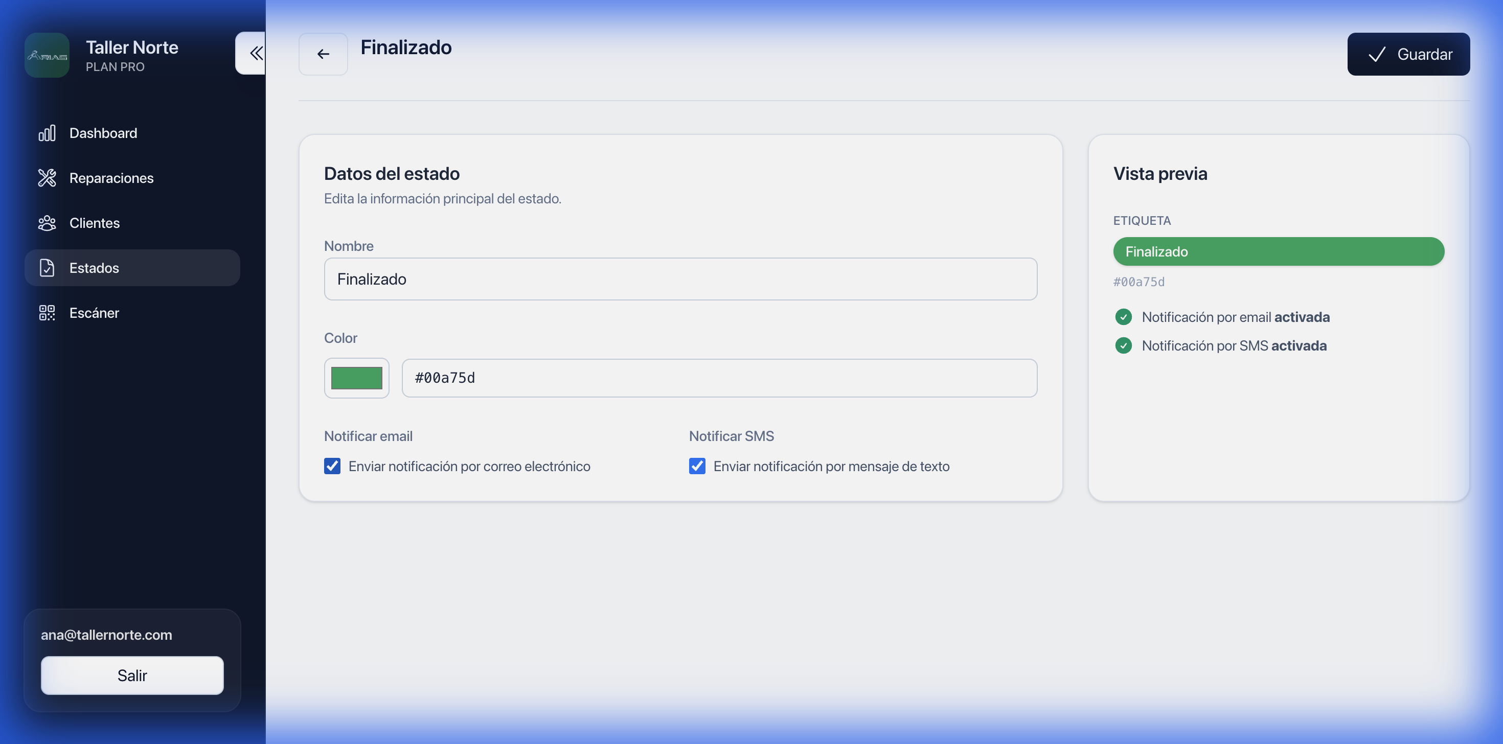 Panel de configuración de notificaciones automáticas
