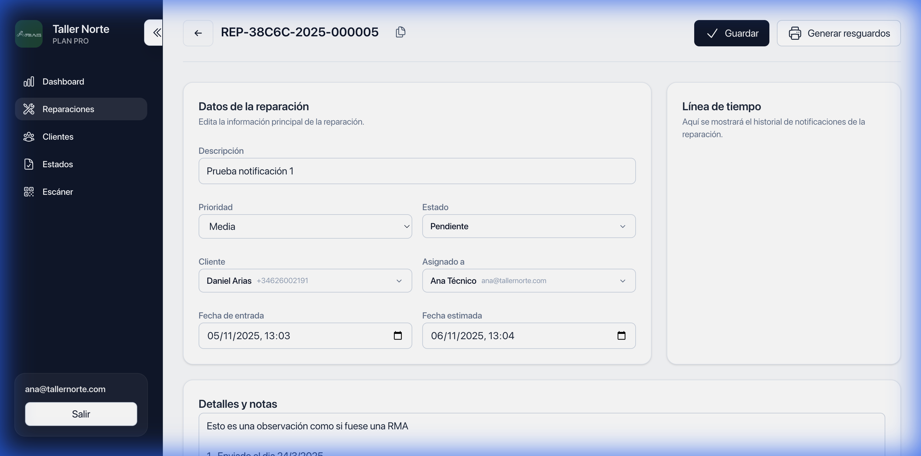 Detalle de una reparación específica con historial